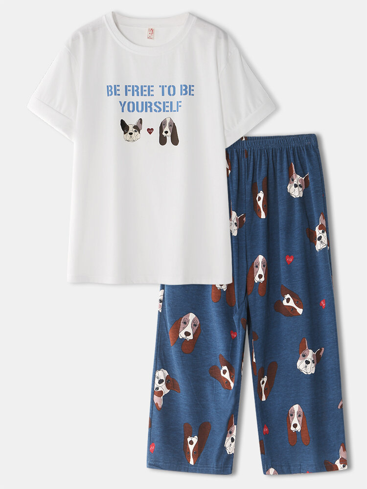 Women Dog Slogan Print Crew Neck Cute Cotton Pajamas Sets With Cropped Pants