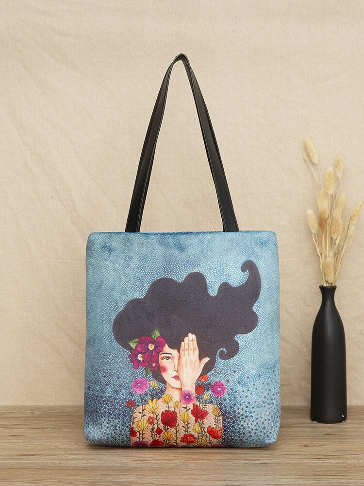 Women Wavy Curly Hair Figure Pattern Print Shoulder Bag Handbag Tote