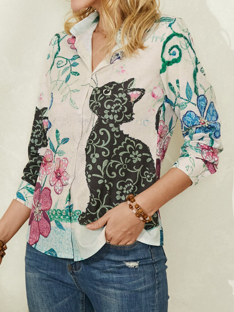 Cat Calico Print Lapel Long Sleeve Casual Shirt For Women