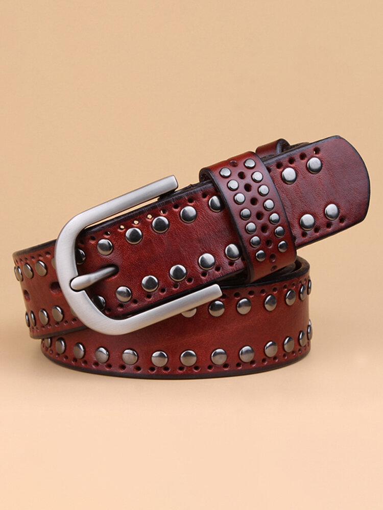 Women Rivet Punk Style Cowhide Leather Belts Casual Vintage Pin Buckle Wide Waistband