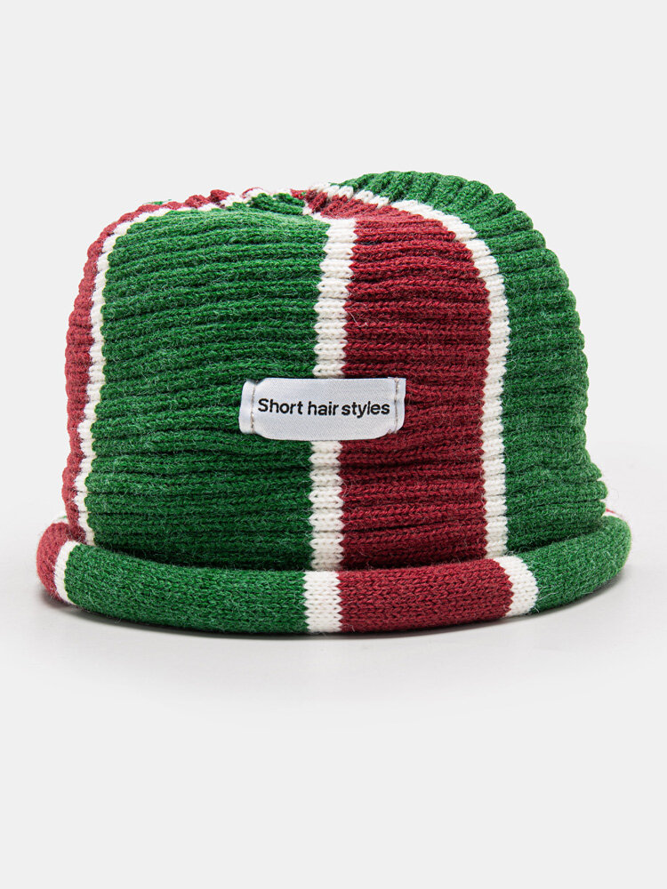 Unisex Dacron Knitted Stripe Color Contrast Letter Label Crimping Fashion Warmth Bucket Hat