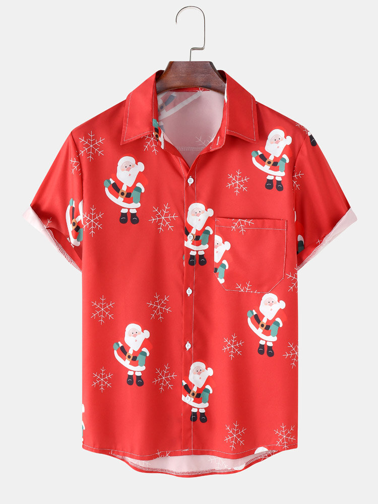 Mens Christmas Santa Snowflake Print Button Casual Short Sleeve Shirts