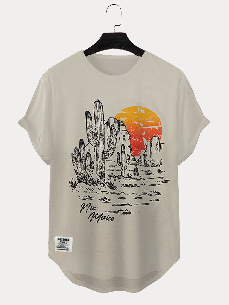 Camisetas masculinas de manga curta com estampa de paisagem de cacto com bainha curva