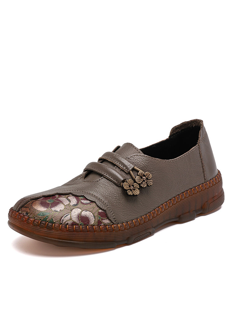 

Socofy Leather Comfort Printing Round Toe Coil Buckle Hard Wearing Casual Flats, Coffee
