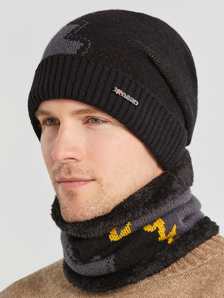 Men 2PCS Plus Velvet Thick Winter Outdoor Keep Warm Neck Protection Headgear Scarf Knitted Hat Beanie