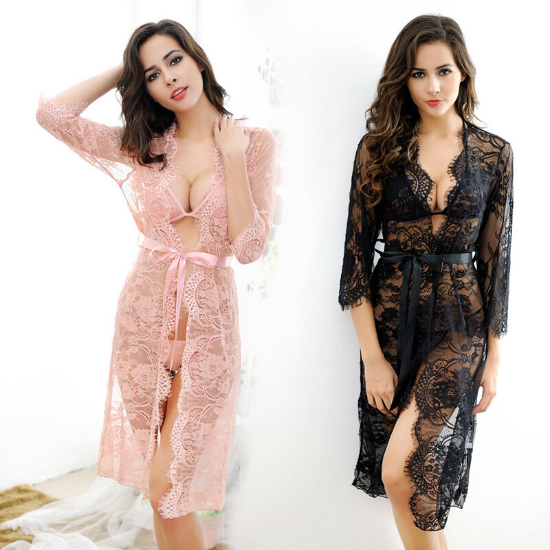 Sexy Lingerie Lace Robe Long-sleeved Lace Pajamas Set
