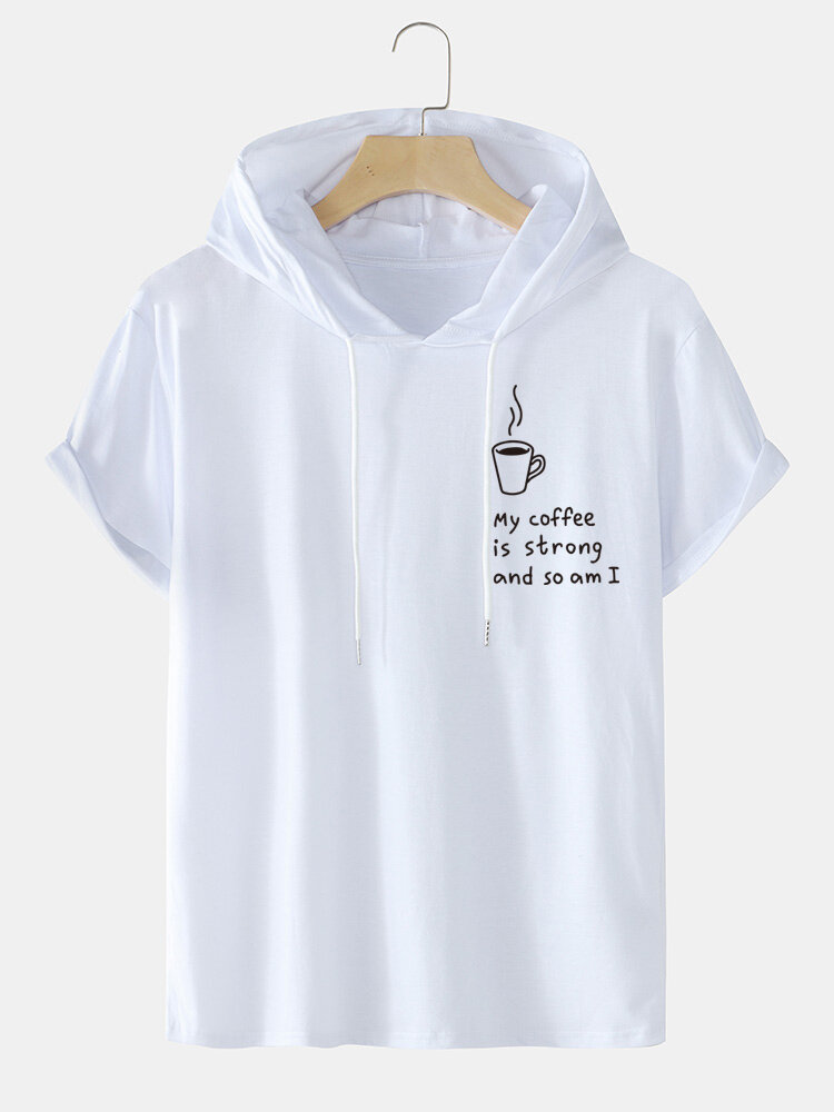 Mens Coffee Slogan Print Street Short Sleeve Hooded T-Shirts