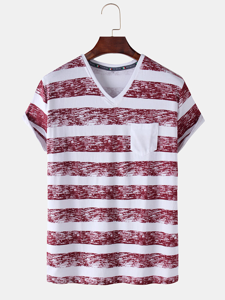 Mens Cotton Striped Print Chest Pocket Loose Light V-Neck T-Shirts