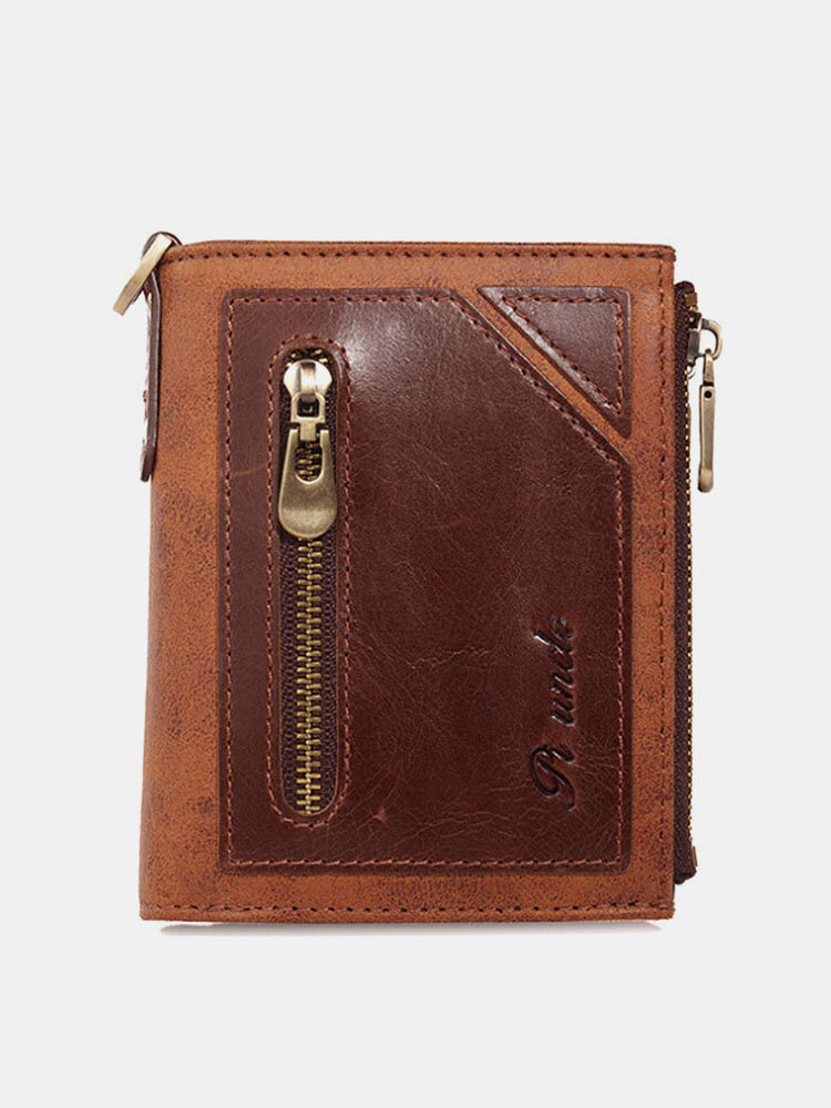 Men Rfid Genuine Leather Multi-slots 7 Card Slots Zipper Wallet Coin Purse