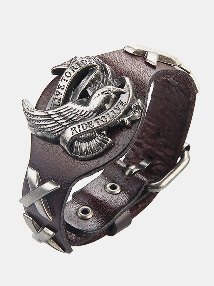 Punk Unisex Eagle Genuine Leather Wrap Charm Wristband Bracelet for Men Women Gift