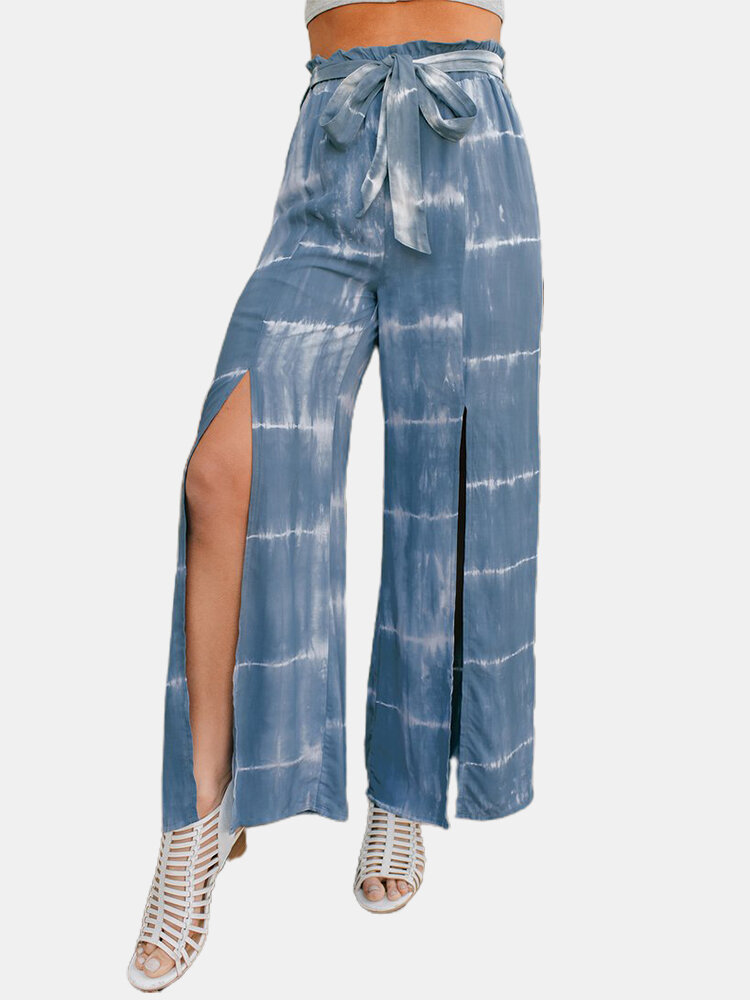 Tie-dyed Print Bowknot Belt Elastic Waist Slit Pants