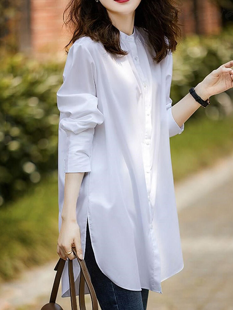 Solid Double Slit Hem Long Sleeve Stand Collar Blouse