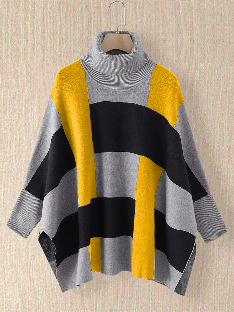 Striped Print High Neck Bat Dolman Sleeve Slit Sweater