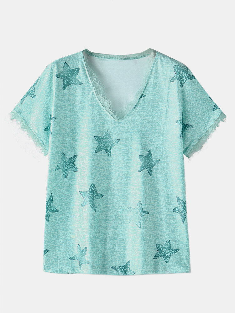 

Stars Print Lace Patchwork T-shirt, Green;purple;khaki;white;blue;wine red;sky blue;black