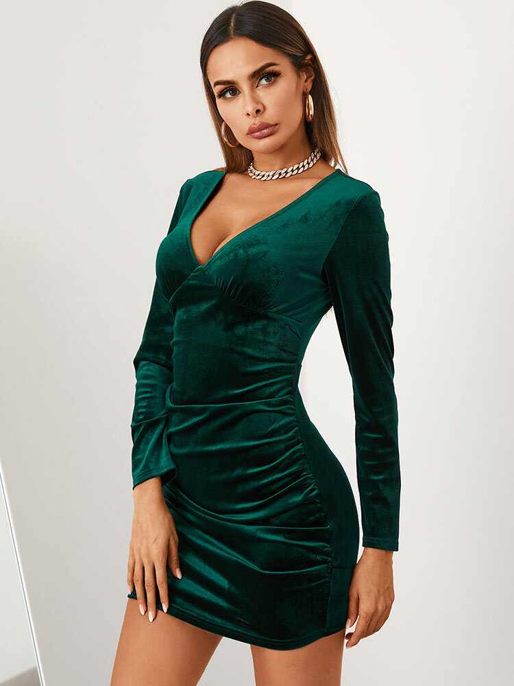 Velvet Solid Folds V-neck Long Sleeve Mini Sexy Dress