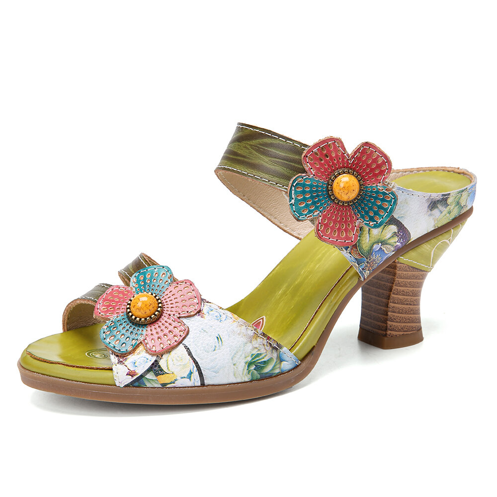 Retro Painted Floral Rubber Outsole High Heel Opened Toe Sandals