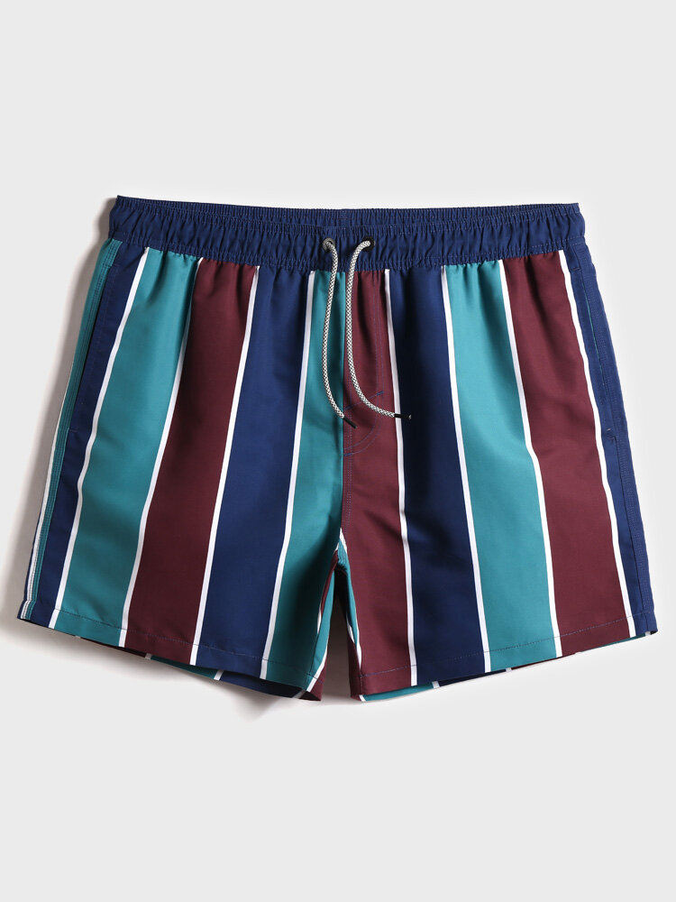 Mens Striped Quick-Drying Drawstring Beach Board Shorts With Pocket