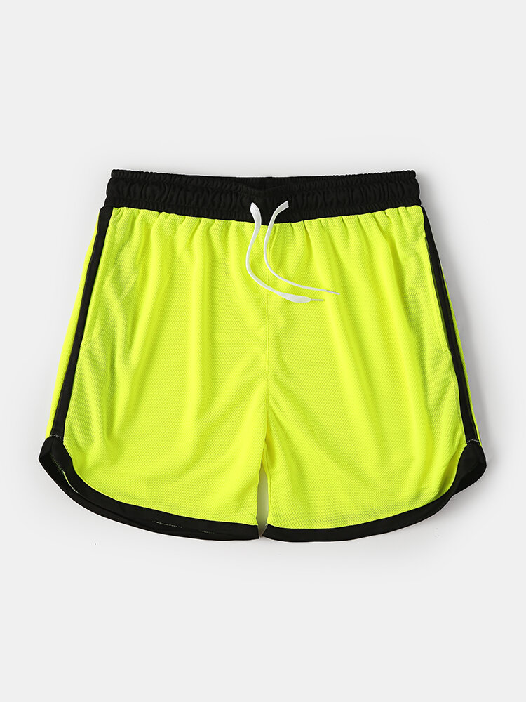 Mesh Colorblock Quickly Dry Swim Trunks Drawstring Gym Running Sports Shorts With Pockets