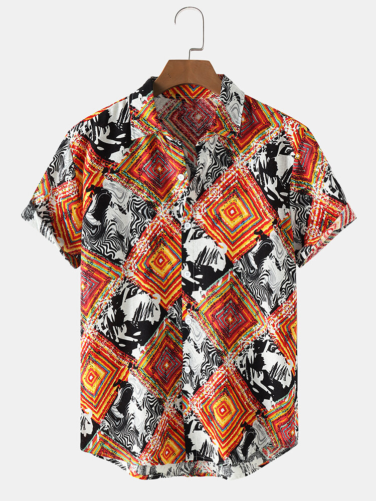 Mens Colorful Argyle Pattern Lapel Vintage Short Sleeve Shirts