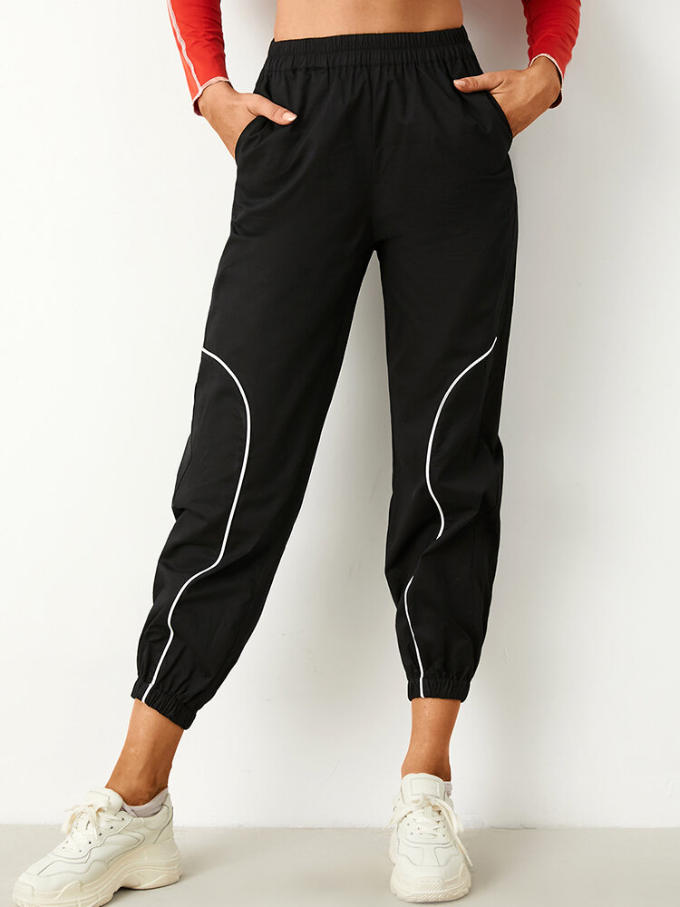 Line Print Elastic Waist Pocket Long Casual Sport Pants for Women