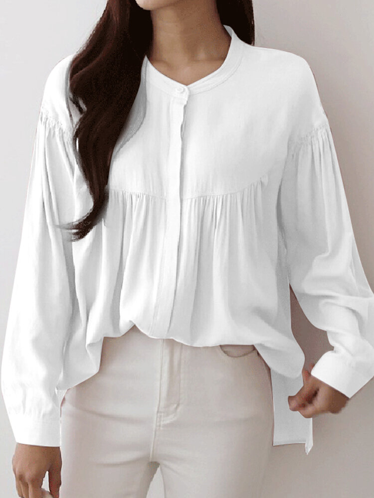 Solid Long Sleeve Casual Stand Collar Women Blouse