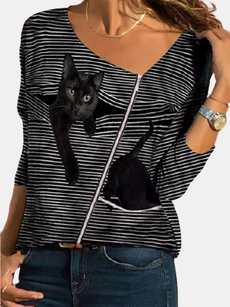 Cartoon Cat Striped Zipper V-neck Long Sleeve T-shirt