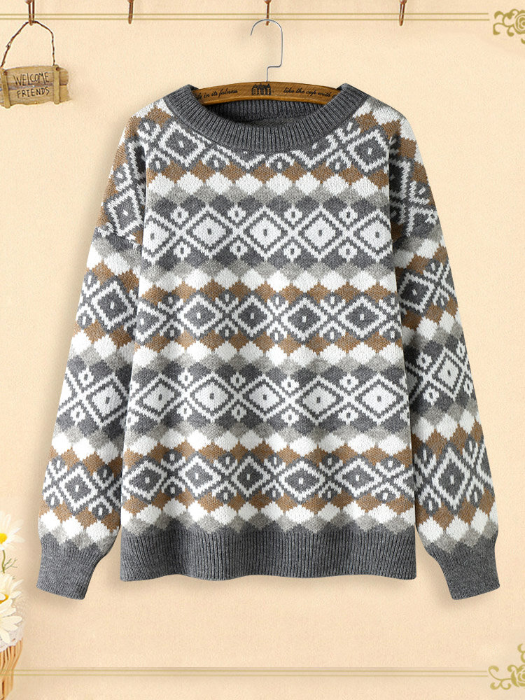 Geo Jacquard O-neck Loose Long Sleeve Plus Size Sweater