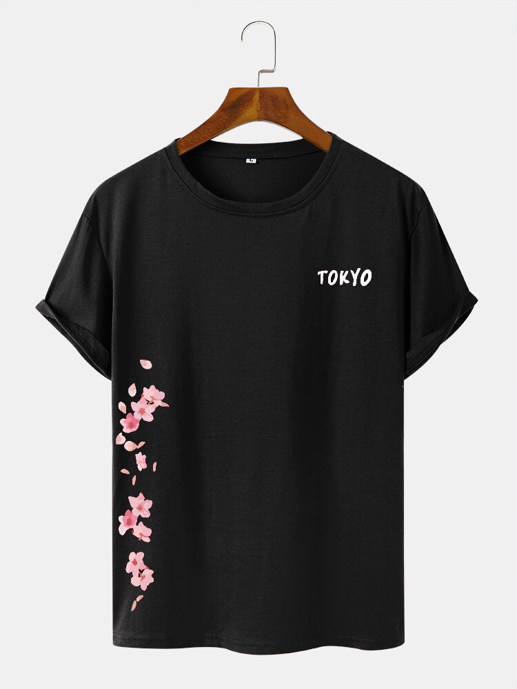 Mens Tokyo Cherry Blossoms Side Print Short Sleeve T-Shirts