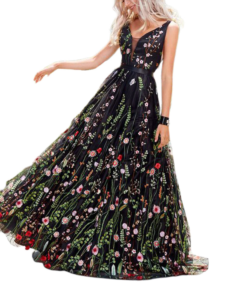 Floral Embroidered Backless Sleeveless Evening Dress
