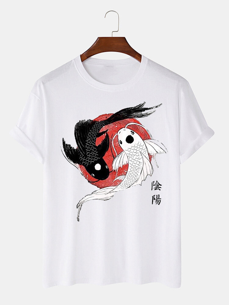 

Mens Chinese Yin Yang Carp Print Crew Neck Short Sleeve T-Shirts Winter, White