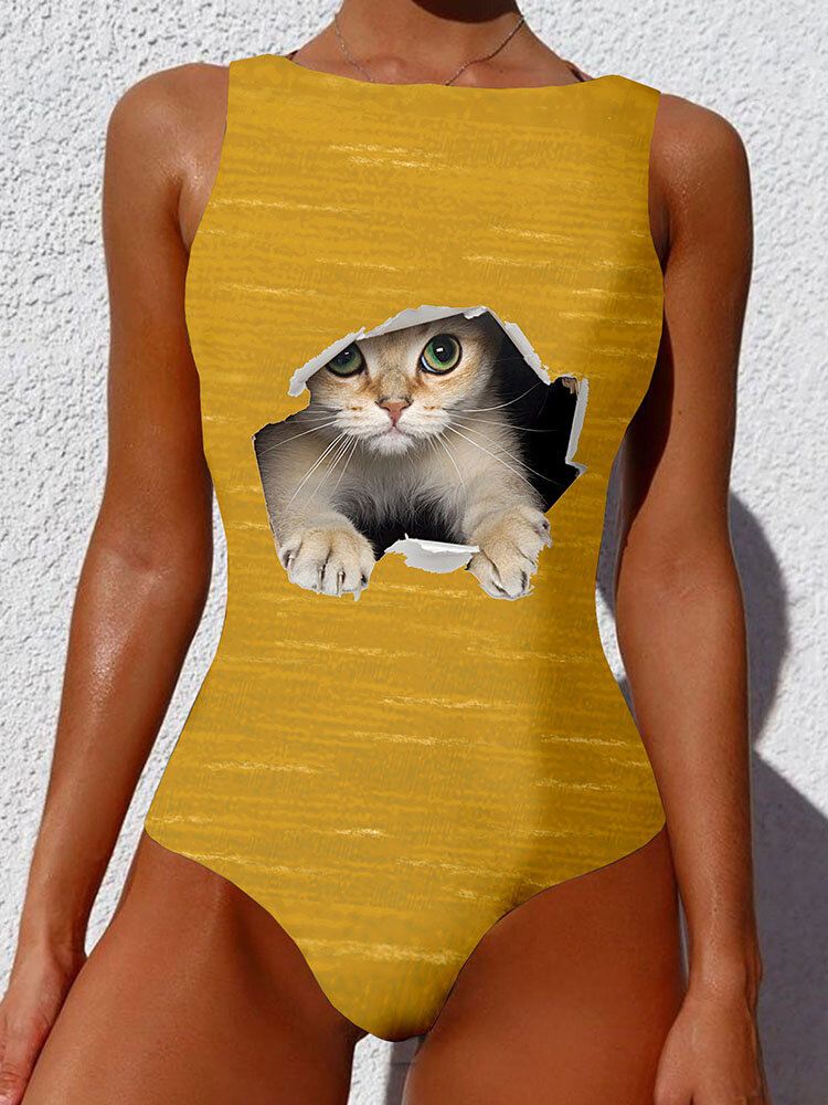 Plus Size Women Cute Cat Graphic High Neck Backless One Piece Slimming Swimsuit