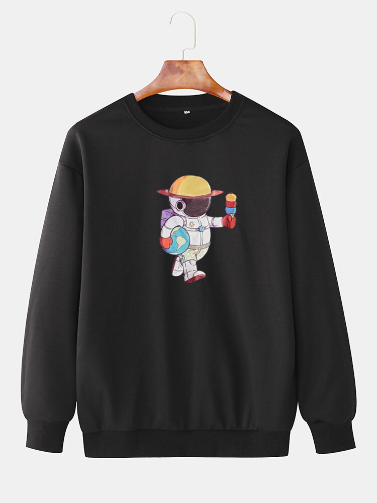 Mens Cartoon Cute Astronaut Print Loose Casual Pullover Sweatshirt