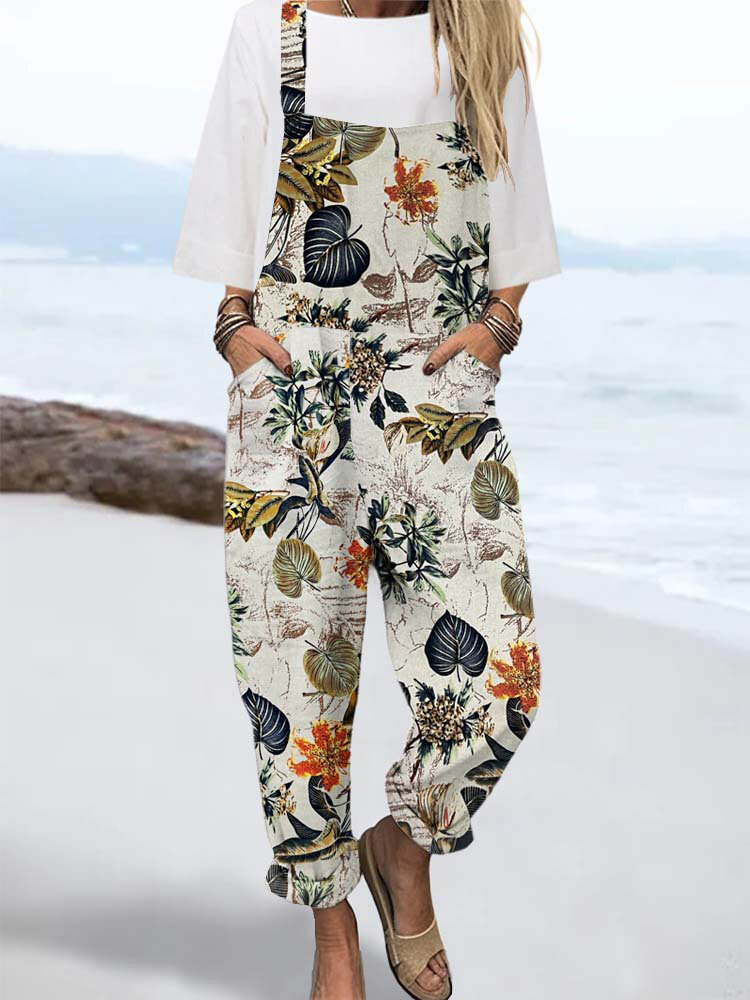 

Women Tropical Floral Plant Print Cotton Overall Jumpsuit, Apricot