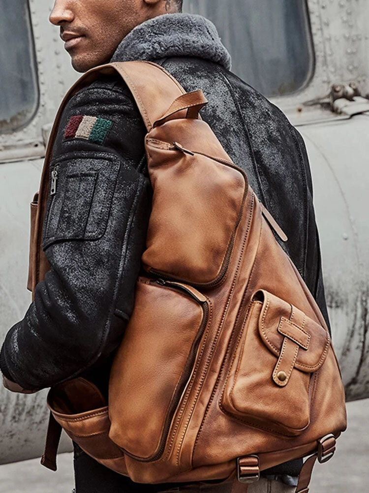 

Men's Triangle Chest Bag Retro Pu Leather Shoulder Slung Bag B6 Paratroopers Vintage Large Capacity Leather Soft Casual, Brown;khaki;black;coffee
