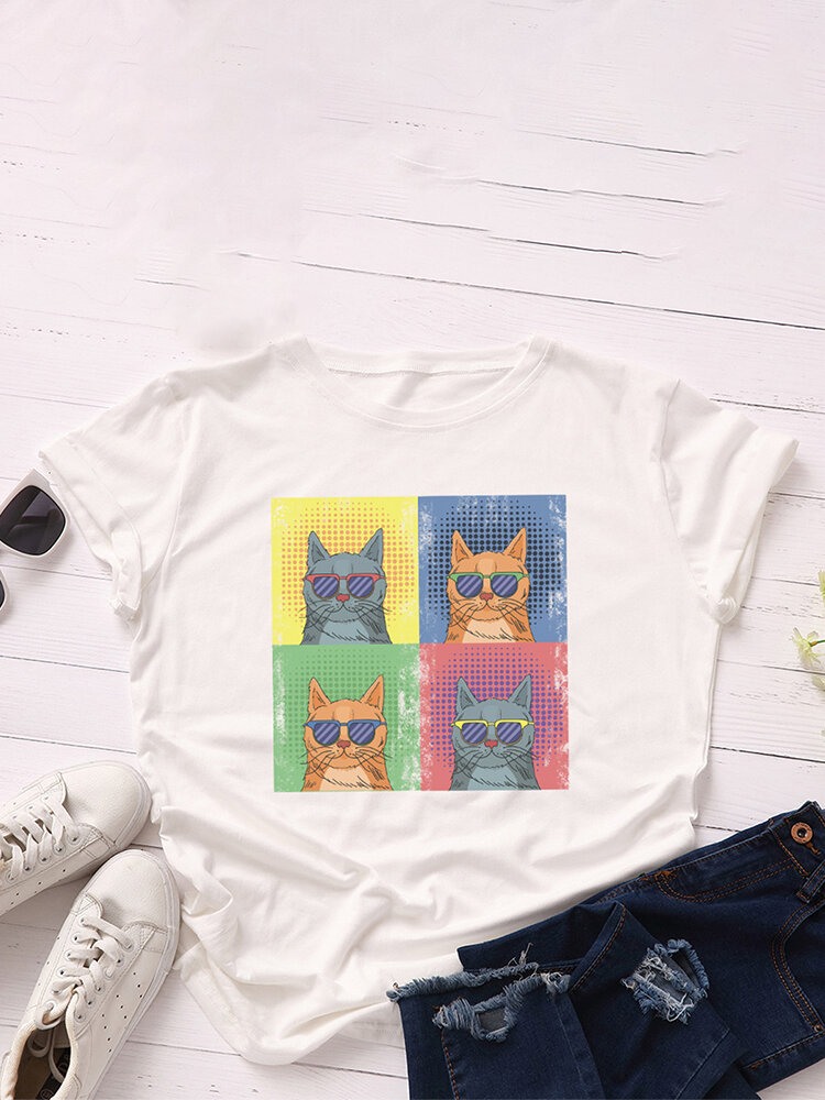 Cartoon Cat Printed Short Sleeve O-neck T-shirt For Women