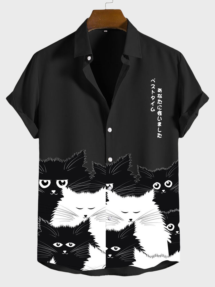 

Mens Japanese Cat Print Lapel Button Up Short Sleeve Shirts, Black