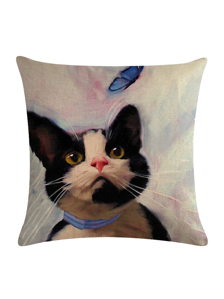 Vintage Art Oil Printing Cat Linen Cotton Cushion Cover Home Sofa Office Decor Throw Pillowcases