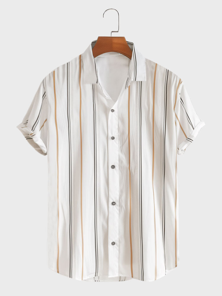Camisas masculinas de lapela listrada com botões casuais de manga curta