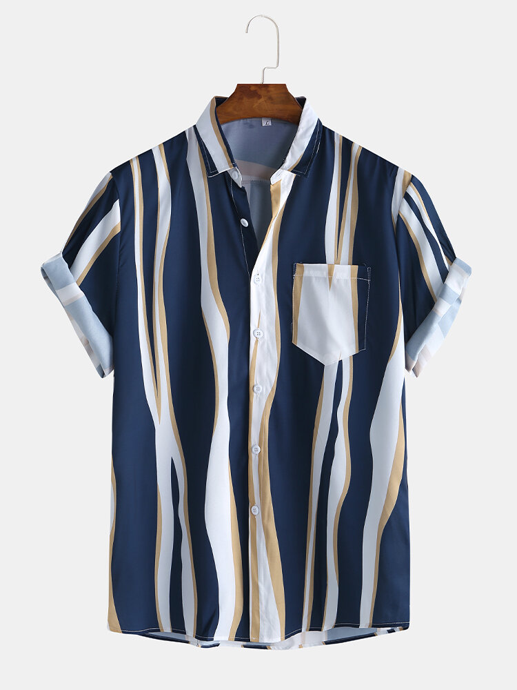 Mens Plain Color Striola Chest Pocket Casual Short Sleeve Shirts