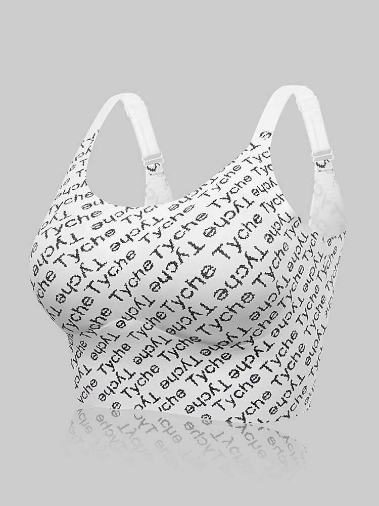 

Plus Size Allover Letter Print Wireless Double Straps Removable Padded Bras, Black;white