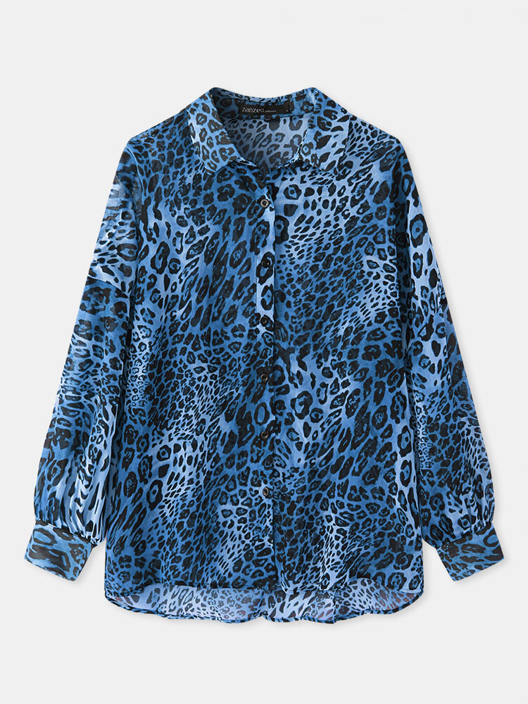 Leopard Print Lapel Long Sleeve Button Loose Blouse For Women