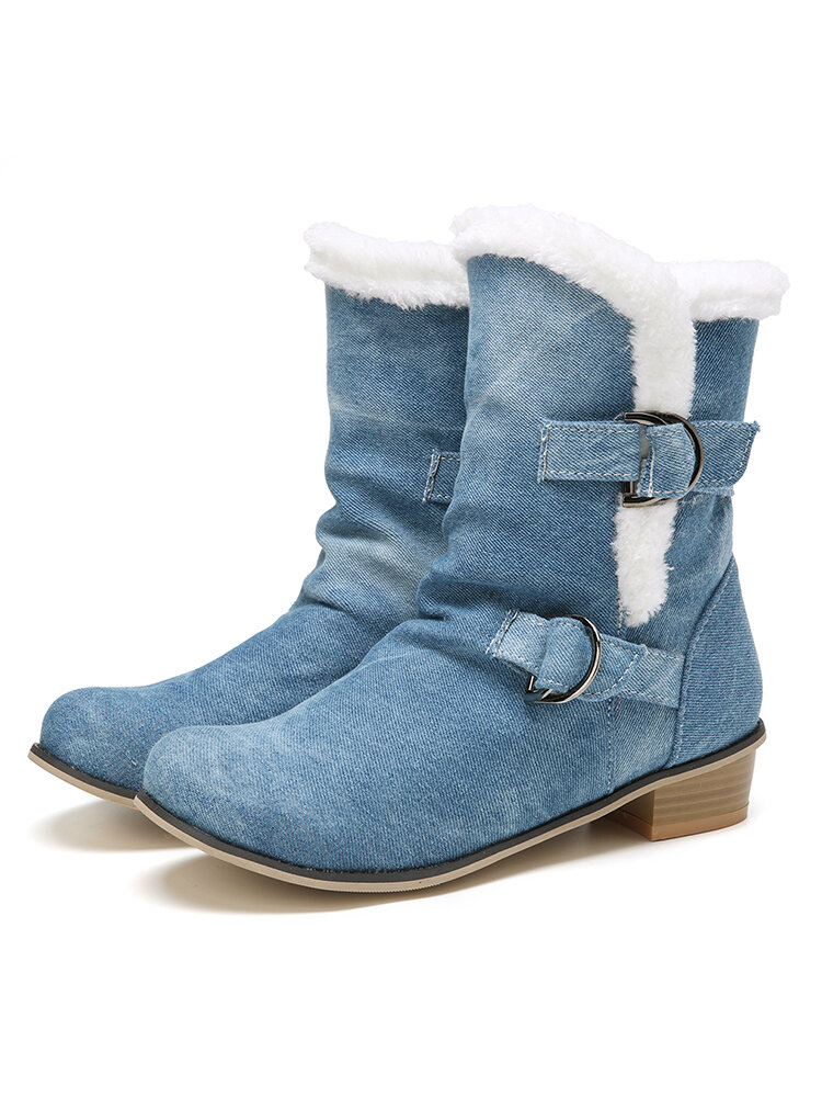 Women Large Size Warm Fur Lining  Chunky Heel  Mid-calf  Winter Boots