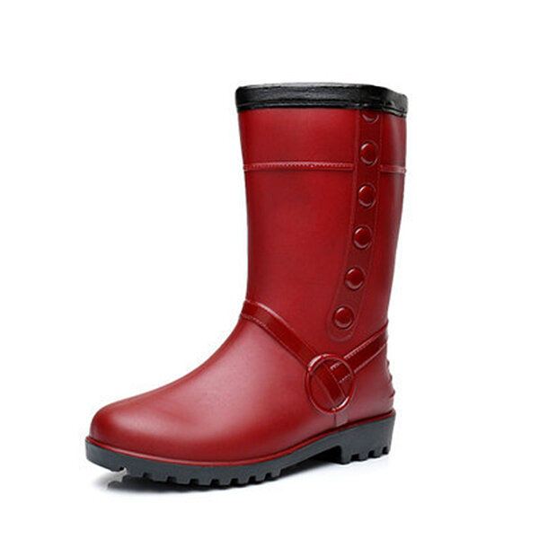 Red Waterproof Fur Lined Button Rain Boots