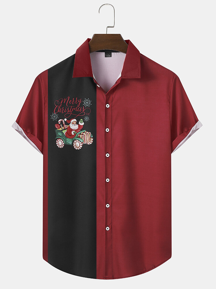 Mens Christmas Santa Claus Print Button Up Contrast Short Sleeve Shirts