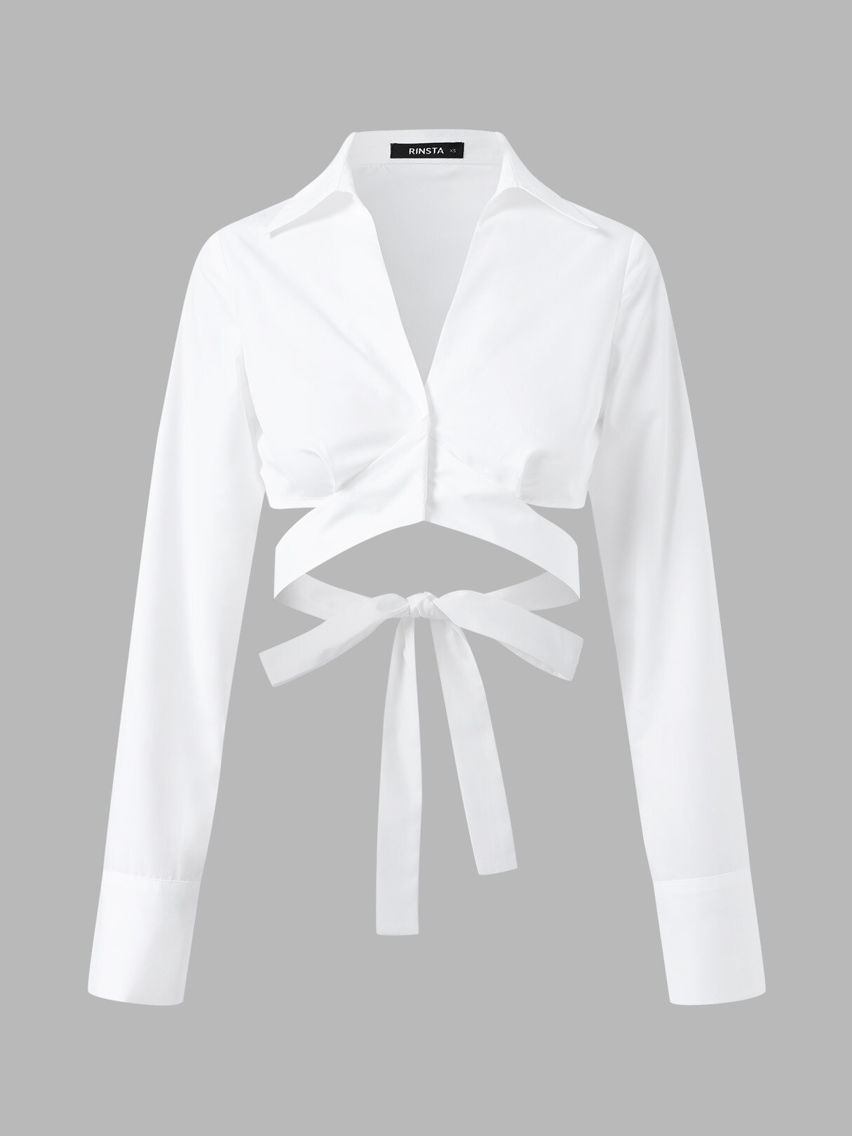 Solid Cut Out Tie Long Sleeve Lapel Crop Top