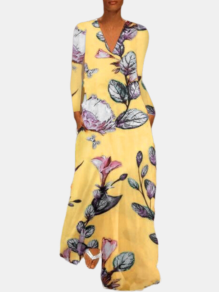 Leaves Flower Print Long Sleeve V-neck Maxi Dress For Women