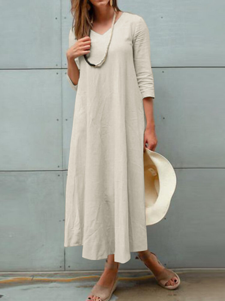 Solid 3/4 Sleeve V-neck Vintage Dress For Women