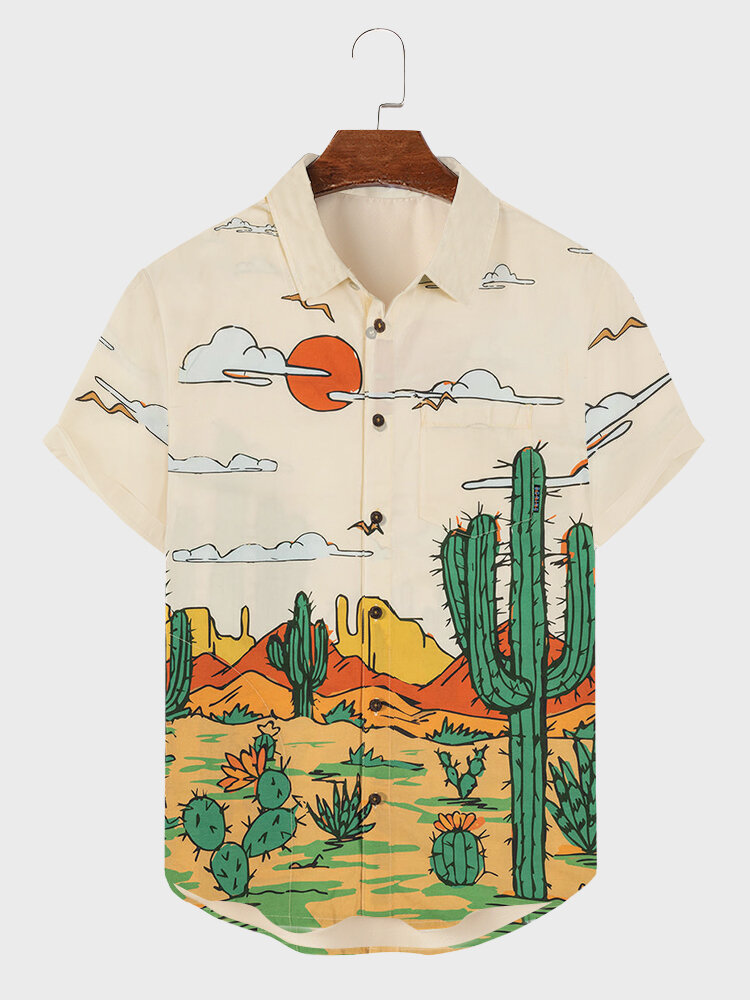 

Mens Cactus Print Curved Hem Short Sleeve Shirts, Beige
