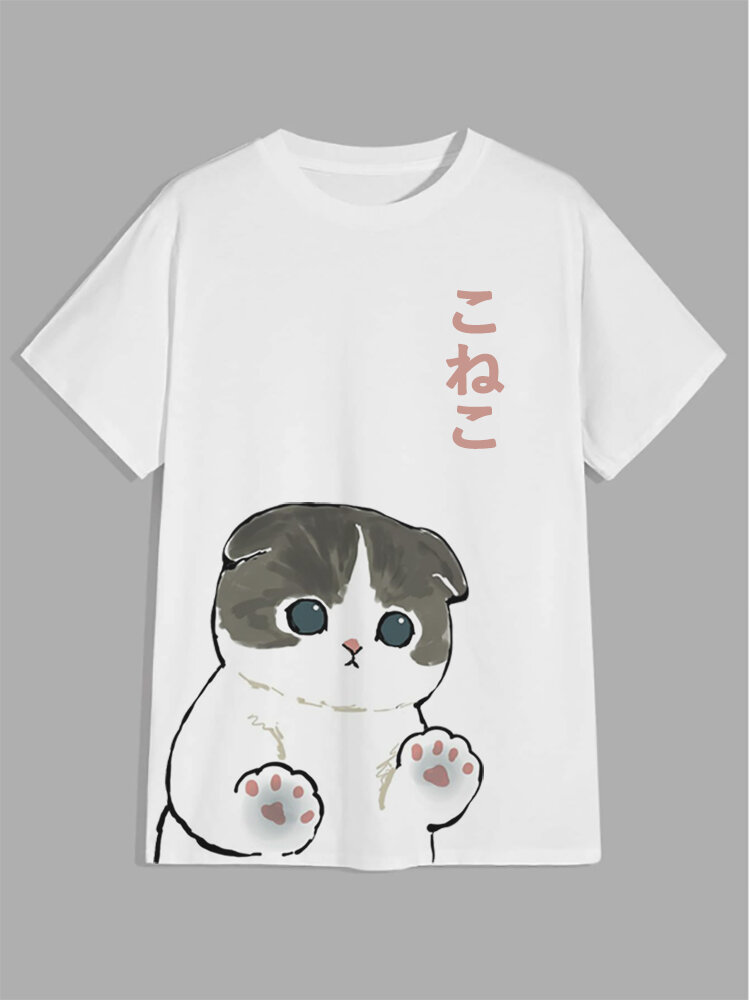 Мужские японские футболки с короткими рукавами Cute Кот с принтом Crew Шея