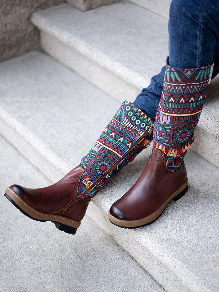 SOCOFY Bohemian Splicing Pattern Flat Leather Rainbow Knee Boots